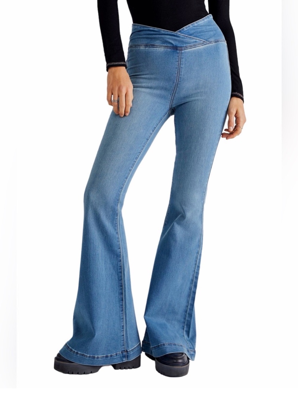 We The Free Medium Blue Flare Jeans with Cross-Over Waist
